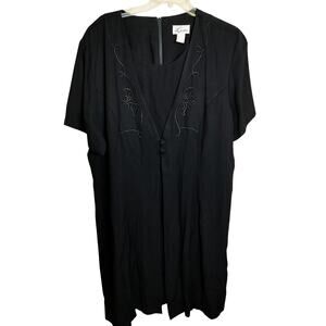 4323)Vtg Linane Black Short Sleeve Embroidered Floral Sheath Dress Plus 24W